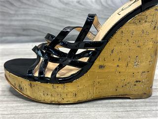 Yves Saint Laurent Black Patent Leather Gold Wedges, Size 42 (US 11)